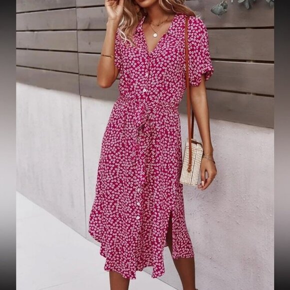 SHEIN Ditsy Floral Button Front Red White Midi Short Sleeve Dress Size Small - Picture 3 of 8